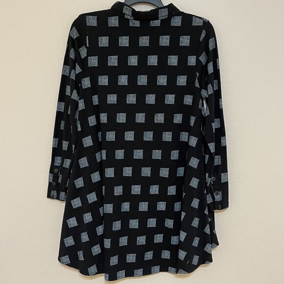 Snapdragon & Twig Collared Tunic Top Black Grid Squares Lagenlook Tunic Size S - Picture 2 of 15
